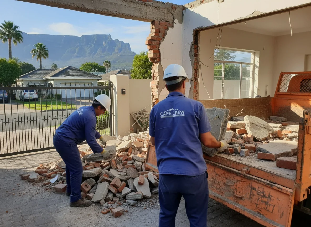 A crew loading mixed building rubble into a tipper truck at an active Vanderbijlpark renovation site