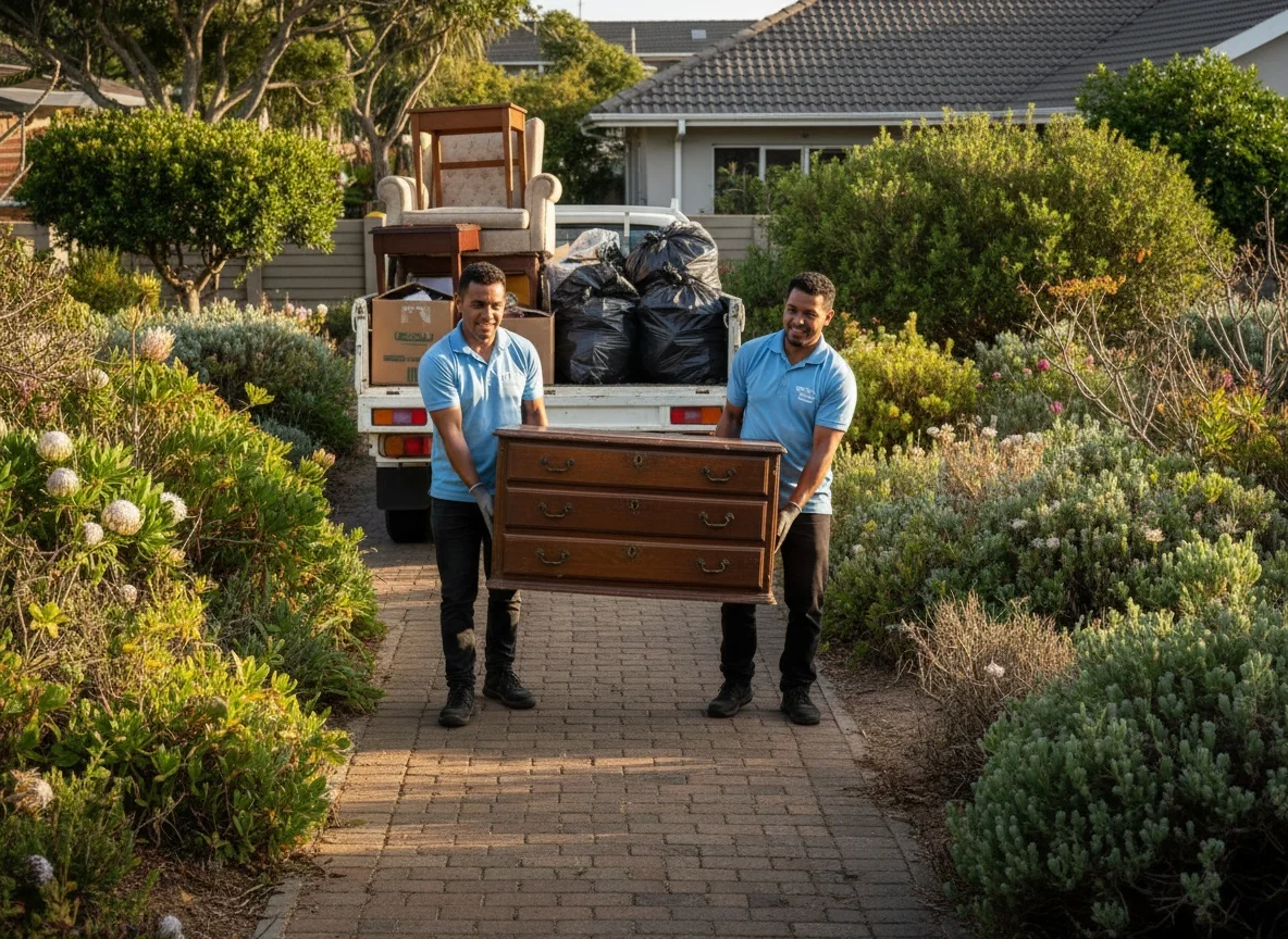 Vaal clearance crew carrying old furniture to a loaded bakkie during a Vanderbijlpark residential clear-out