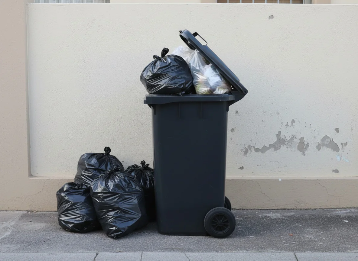 Overflowing 240-litre municipal wheelie bin with extra refuse bags next to it on a Vanderbijlpark collection day
